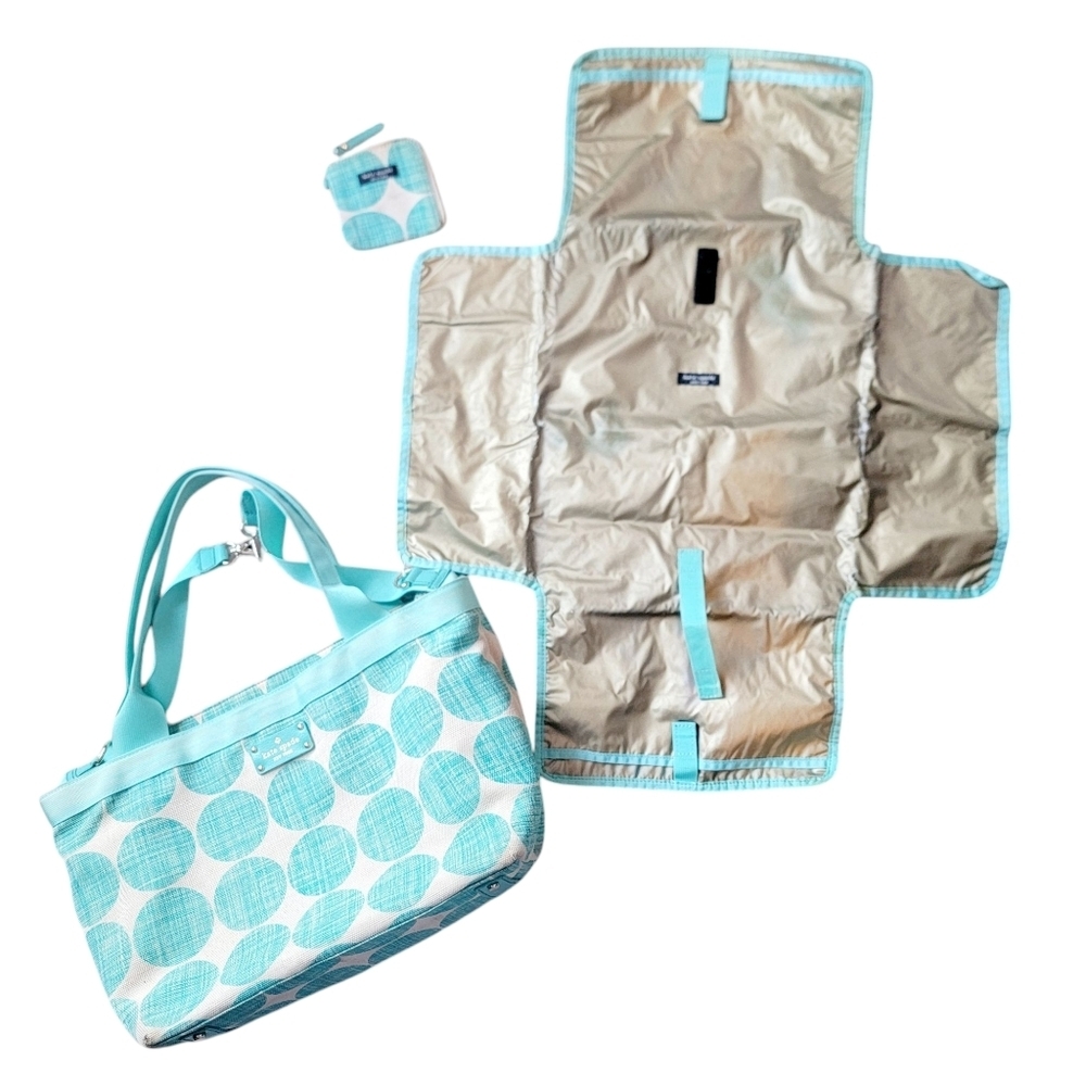 Kate Spade diaper Bag blue & white polka dot Aqua W Changing Pad & Coin Purse